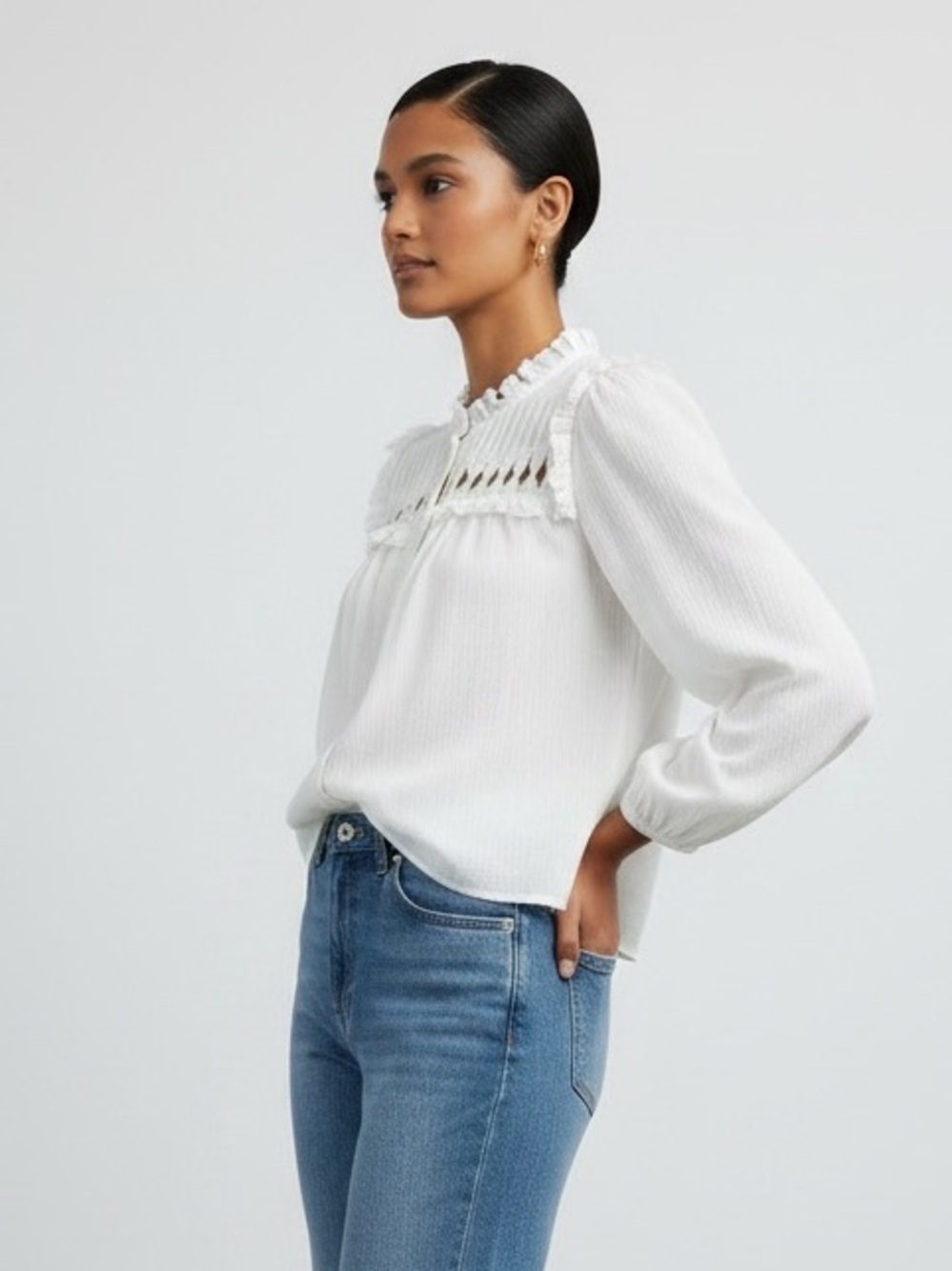 Women's White Ruffled Yoke Button-Front Blouse - Picture 3 of 10